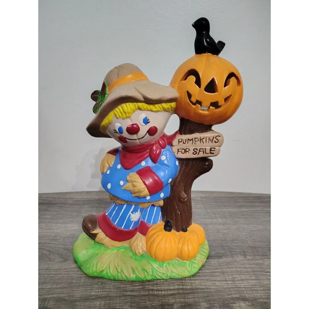 Vintage Handmade Ceramic Scarecrow Pumpkin Crow Halloween Fall Decor Folk Art